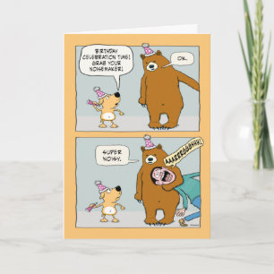 Cartão Urso Engraçado Encontrando um Noisemaker Aniversár