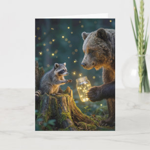 Cartão Urso Grato com Guaxinim e Vagalumes