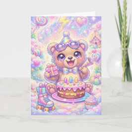 Cartão Urso Kawaii de Aniversário Patins de Roda Arco-Íri