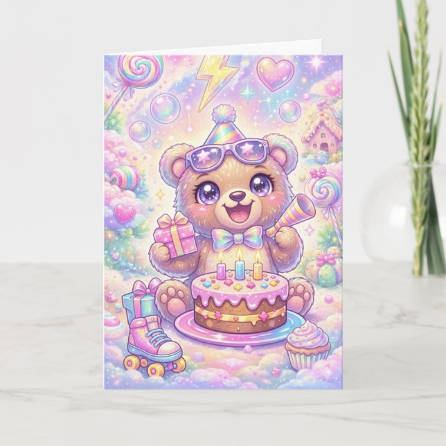 Cartão Urso Kawaii de Aniversário Patins de Roda Arco-Íri (Frente)