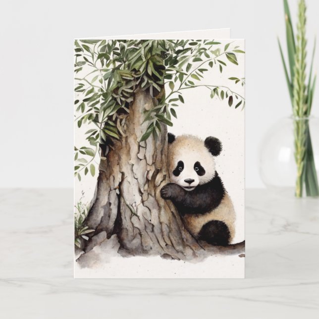 Cartão Urso Panda De Aquarela Por Árvore (Frente)