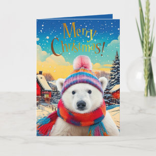 Cartão Urso Polar chapéu e cachecol de Papai Noel Feliz N