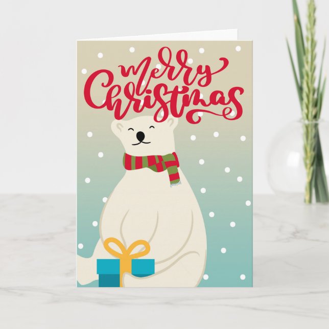 Cartão Urso Polar com Presente de Férias - Feliz Natal (Frente)