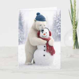 Cartão Urso Polar de Natal Abraçando um Boneco de Neve