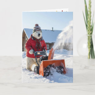 Cartão Urso Polar de Natal Empurrando um Limpa-Neve