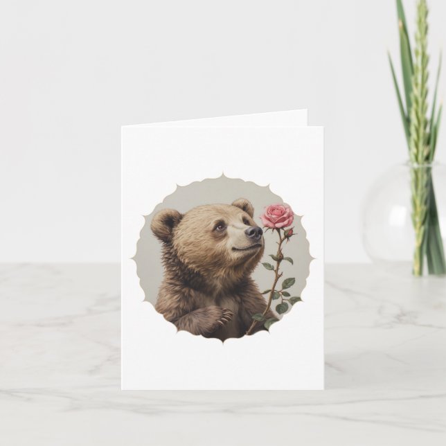 Cartão Urso romântico e inspirador com rosa (Frente)
