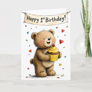 Cartão Urso Teddy Caprichoso Fofo Aniversário Feliz de Um