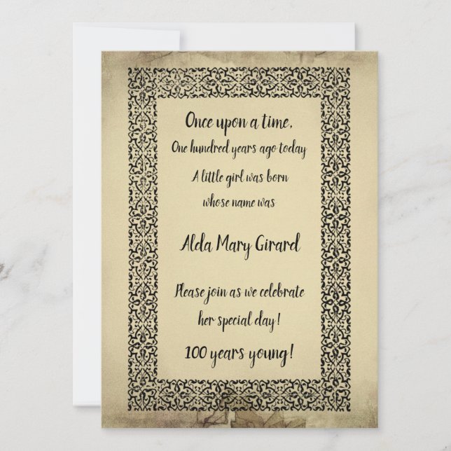 Cartão V2 Antiquado Storybook Centenário 100º Aniversário (Frente)
