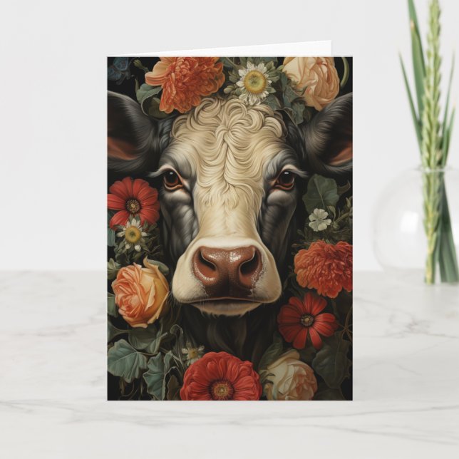 Cartão Vaca Adorável nas Flores para Todas as Ocasioes  (Frente)