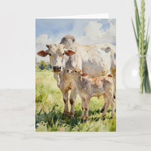Cartão Vaca Brahman e Bezerro em Aquarela