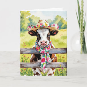 Cartão Vaca de Aniversário de Aquarela Vestindo um Chapéu