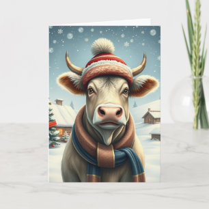 Cartão Vaca de Fazenda em Roupas de Inverno Elegantes e C