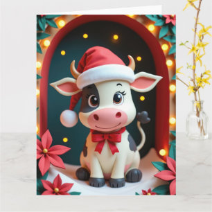 Cartão Vaca Doce com Chapéu de Papai Noel em Cena de Está