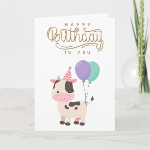 Cartão Vaca e balões fofos e divertidos Feliz Aniversário