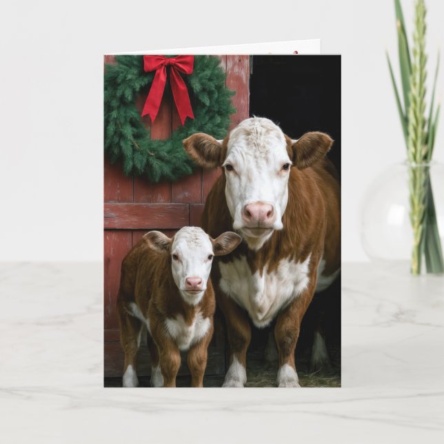 Cartão Vaca e Bezerro de Natal Hereford (Frente)