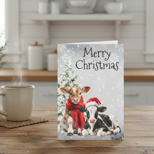 Cartão Vaca Feliz Natal Bezerros Bebês (Criador carregado)