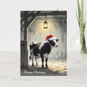 Cartão Vaca Hereford de Natal na Porta do Celeiro