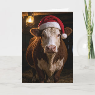 Cartão Vaca Hereford de Natal no Celeiro
