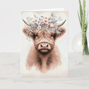Cartão Vaca Highland de Casamento com Coroa Bridal Floral