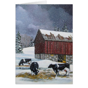 Cartão Vacas de Holstein no Barnyard nevado: Pintura