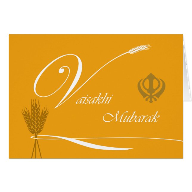 Cartão Vaisakhi Mubarak, Grain, Ribbon, Khanda (Frente Horizontal)