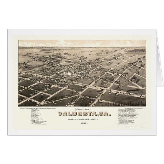 Cartão Valdosta, mapa panorâmico de GA - 1885 (Frente Horizontal)