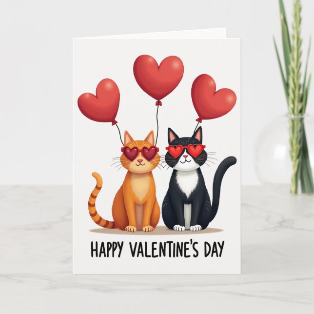 Cartão Valentine Cats Heart Glasses Card (Frente)