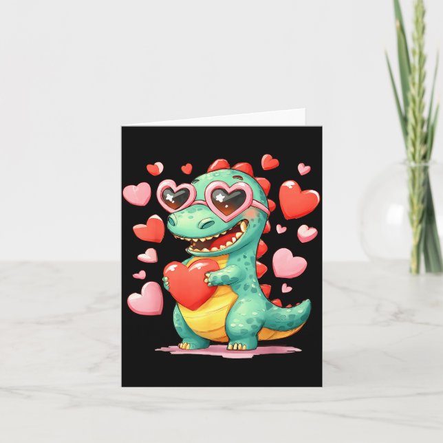 Cartão Valentine Dinosaur Trex Holding Heart Girl Sunl Bo (Frente)