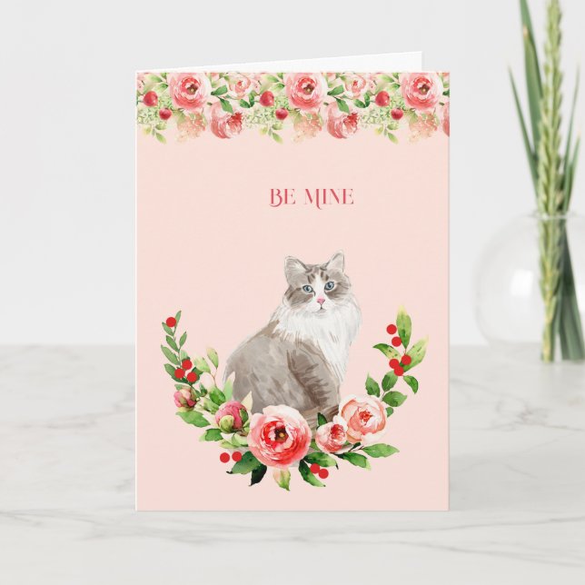 Cartão Valentine Feminino de Gato Rosa Floral (Frente)