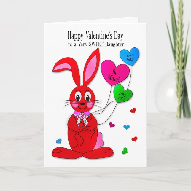 Cartão Valentines  daughter Red Bunny Heart Balloons Card (Frente)