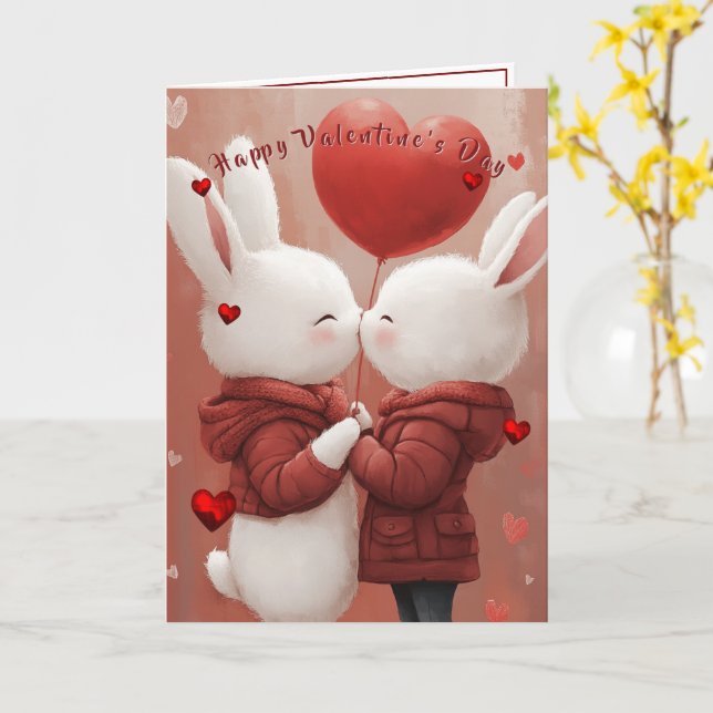 Cartão Valentine's Day Card Bunnies Red Hearts  (Flor Amarela)