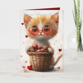 Cartão Valentine's Day Ginger Cat Basket Hearts 