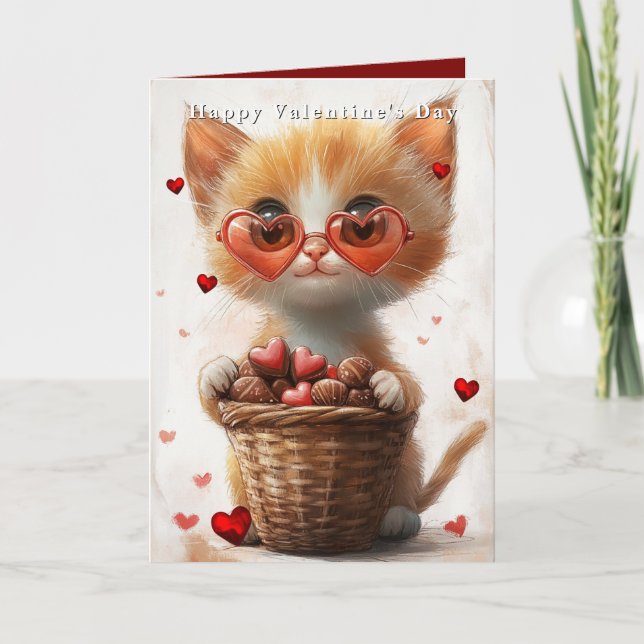 Cartão Valentine's Day Ginger Cat Basket Hearts  (Frente)