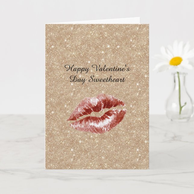 Cartão Valentine's Day Gold Glitter Red Lips Kiss (Planta pequena)