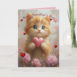 Cartão Valentine's Day Kitten Red Hearts Pink Roses
