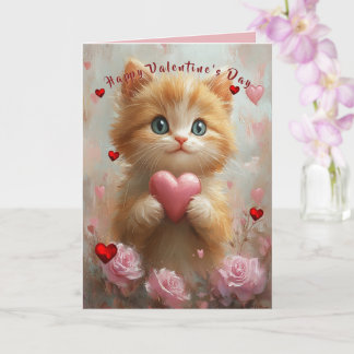 Cartão Valentine's Day Kitten Red Hearts Pink Roses