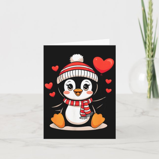 Cartão Valentine's Day Penguin Heart Balloon Cute  (Frente)