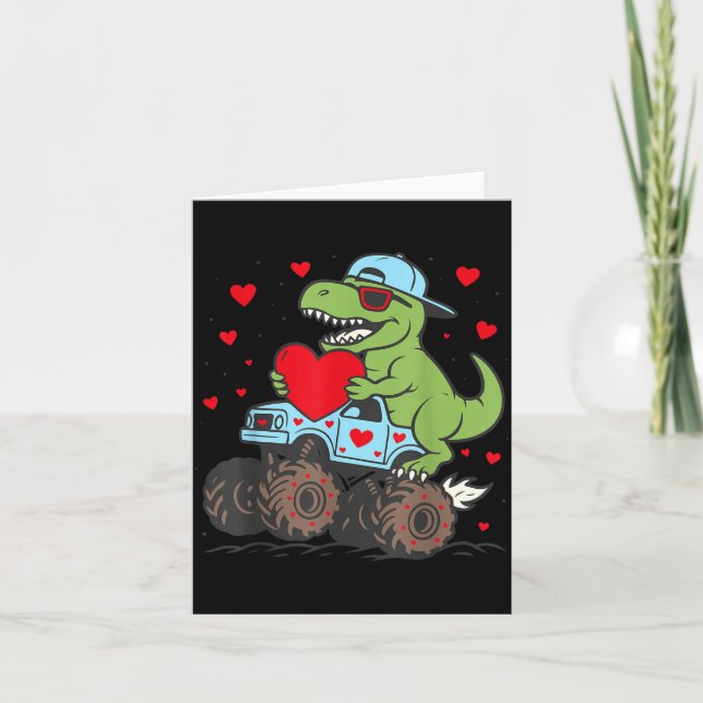 Cartão Valentines Day T Rex Riding Monster Truck Funny To (Frente)