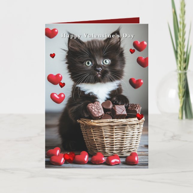 Cartão Valentine's Day Tuxedo Cat Red Hearts  (Frente)