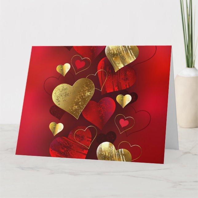 Cartão Valentines dourados e vermelhos (Frente)