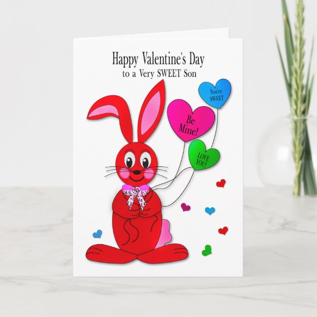 Cartão Valentines  Son Red Bunny Heart Balloons (Frente)