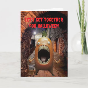 Cartão Vamos nos reunir no Halloween.