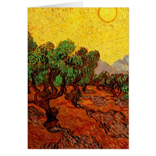 Cartão Van Gogh Olive Trees com Céu Amarelo e Sol (Frente)