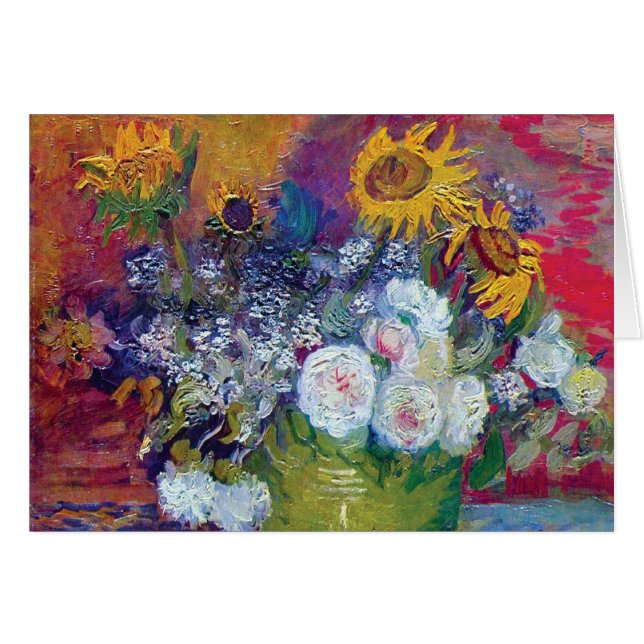 Cartão Van Gogh - Vida Estática Com Rosas E Girassóis (Frente Horizontal)