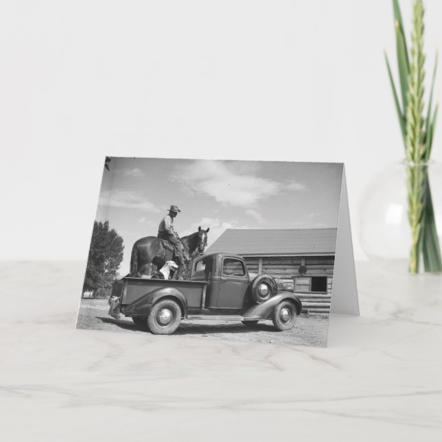 Cartão Vaqueiro com cavalo em um caminhão (Frente)