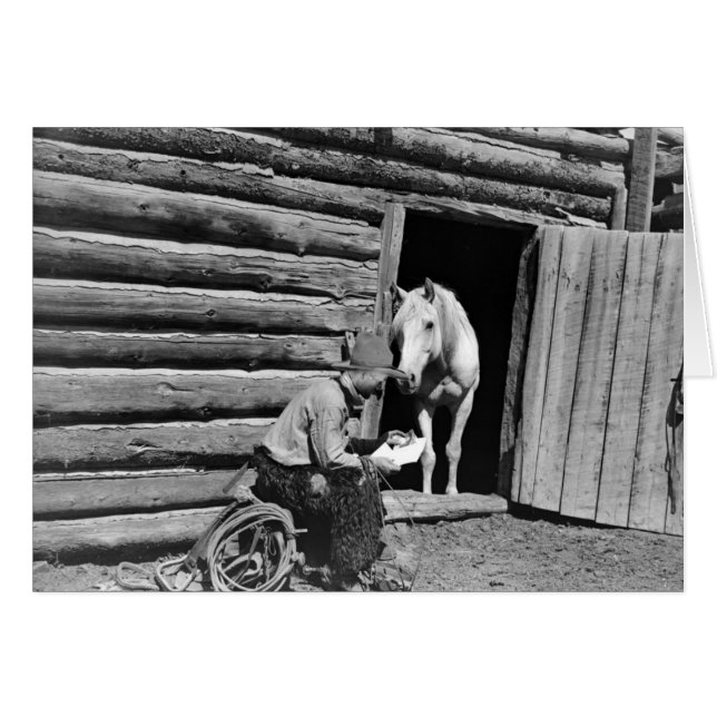 Cartão Vaqueiro e um cavalo que olha uma letra (Frente Horizontal)
