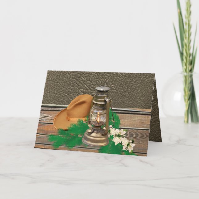 Cartão Vaqueiro Ocidental Hat Lanterna Faux Wood / Couro (Frente)