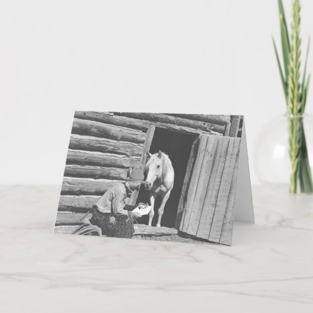 Cartão Vaqueiro que lê uma letra com um cavalo (Frente)
