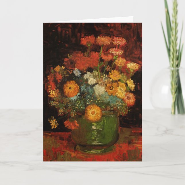 Cartão Vase "Ainda viva" com Zinnias por Vincent van Gogh (Frente)