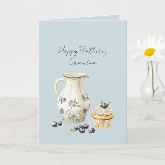 Cartão Vase Blueberries Cupcake Birthday (Planta pequena)
